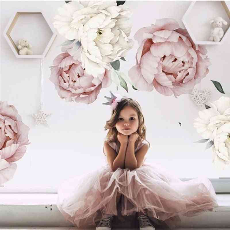 Pegatinas de pared de flores de peonía de acuarela rosa blanca - calcomanía floral de pared para habitación de niños sala de estar dormitorio