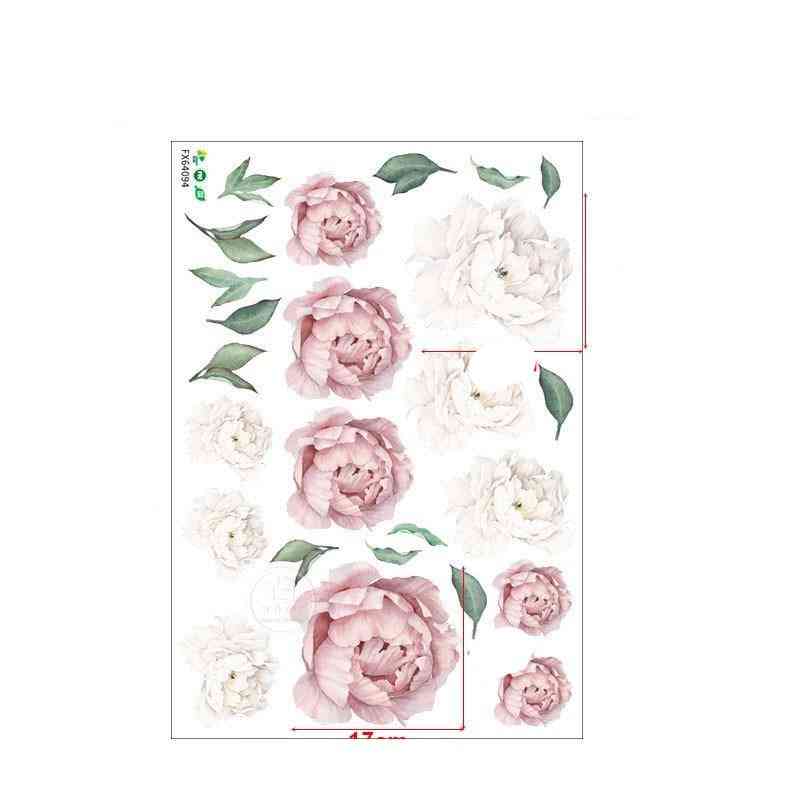 Pegatinas de pared de flores de peonía de acuarela rosa blanca - calcomanía floral de pared para habitación de niños sala de estar dormitorio