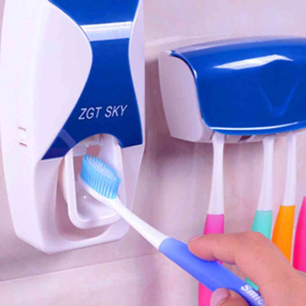 Automatisk dispensertandborstehållare & 5 tandborsteorganiserare väggmonterat stativ badrumstillbehör - blå