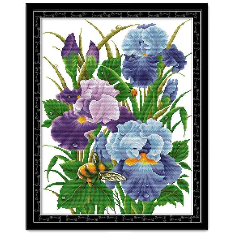 Iris Flower Cross Stitch Cloth Needlework Embroidery Kit - Aida Fabric Count Print Canvas Tools