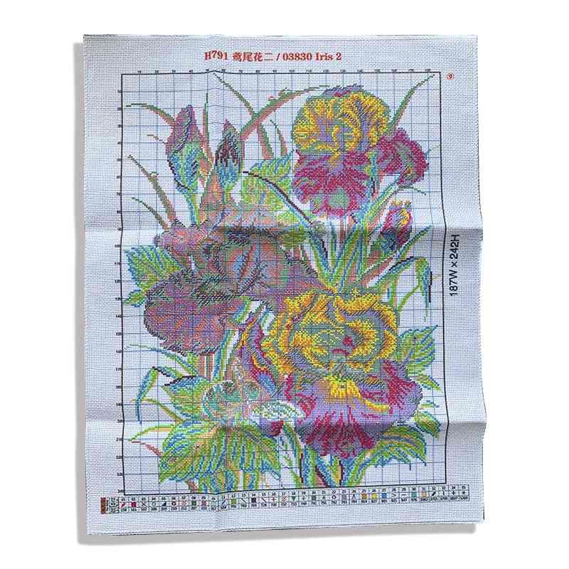 Iris Flower Cross Stitch Cloth Needlework Embroidery Kit - Aida Fabric Count Print Canvas Tools