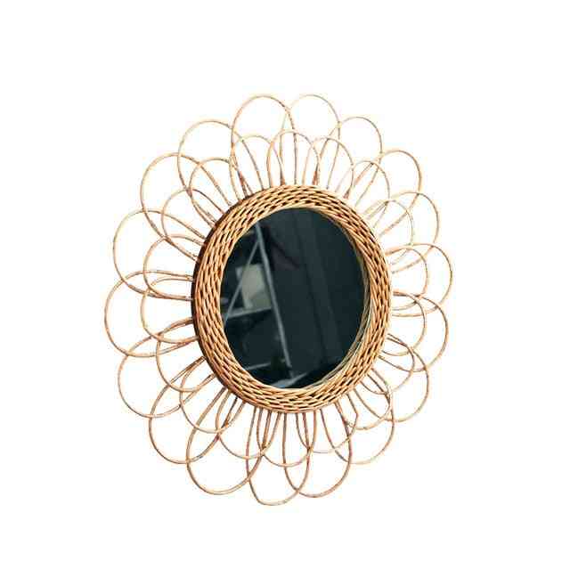 Rattan Compact Clear Round Space Saving Wall Hanging Mirror - Portable Interior Art Decor