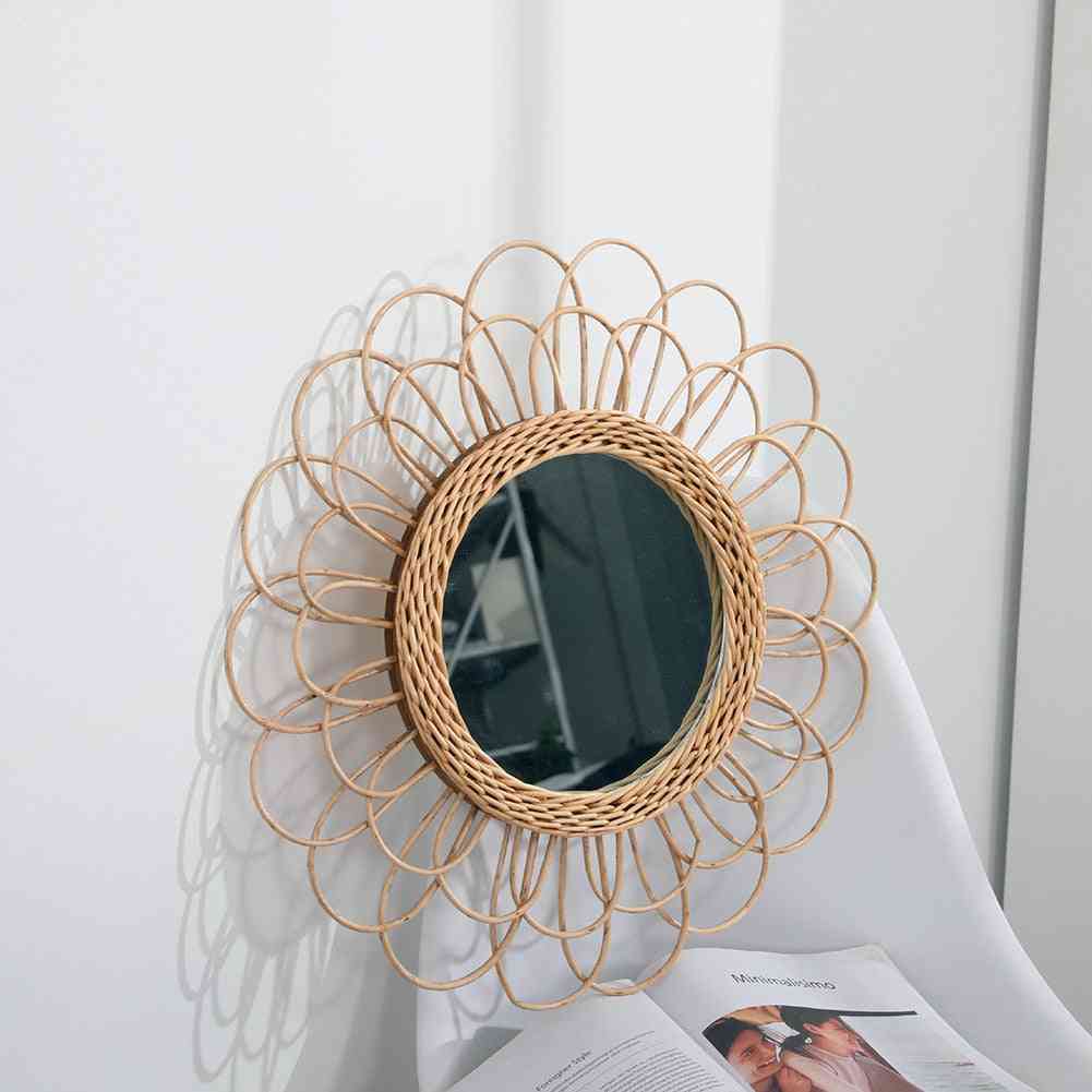 Rattan Compact Clear Round Space Saving Wall Hanging Mirror - Portable Interior Art Decor