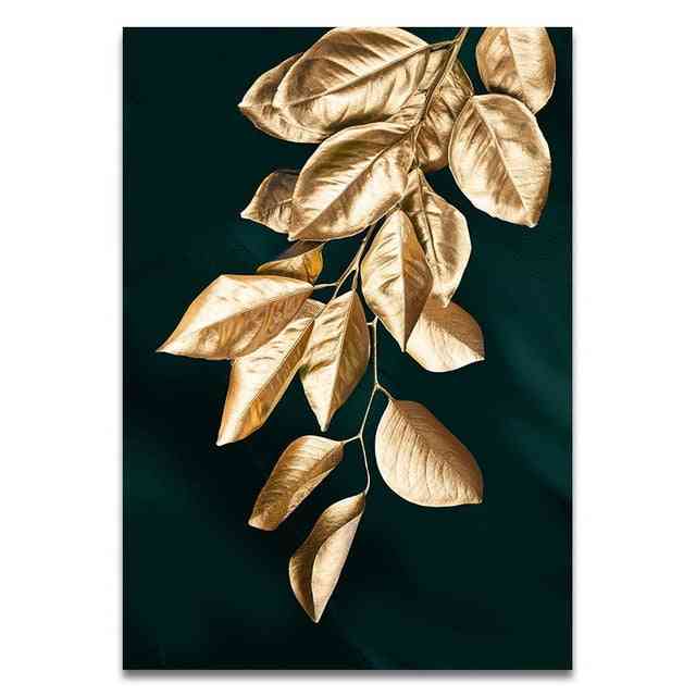 Modern Style Abstract Golden Plant Leaves Canvas Print Painting - Living Room Wall Artwork