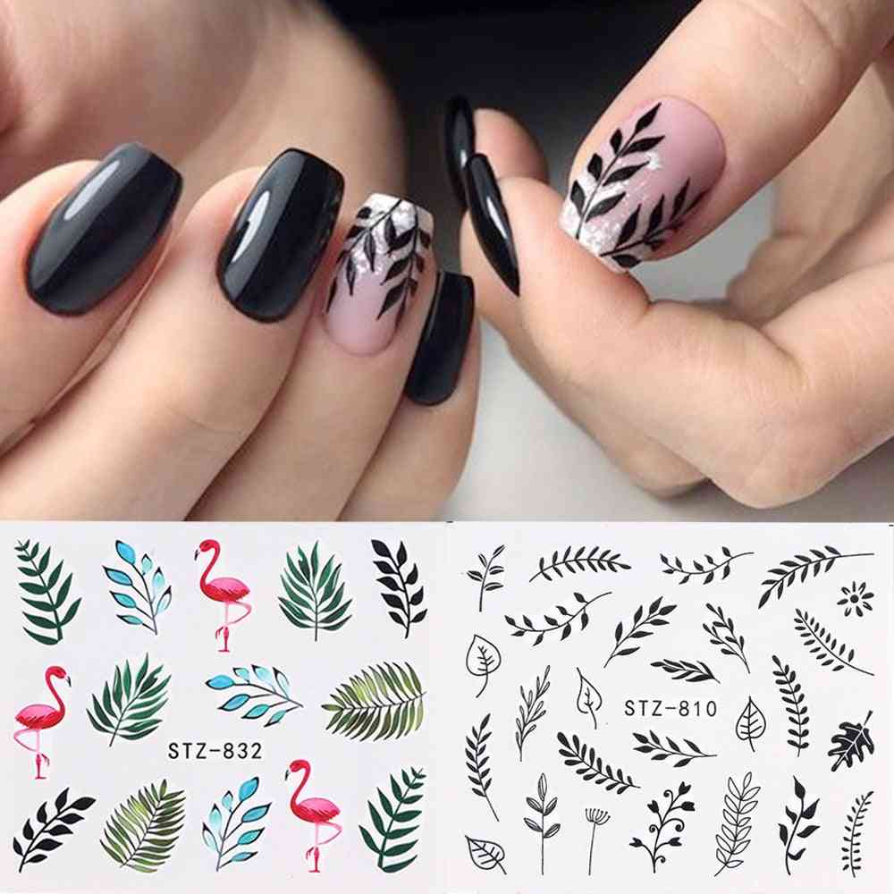 Nail Stickers Decal Black Flowers Leaf Transfer Nail Art Decorations Slider Manicure Watermark Foil Tips
