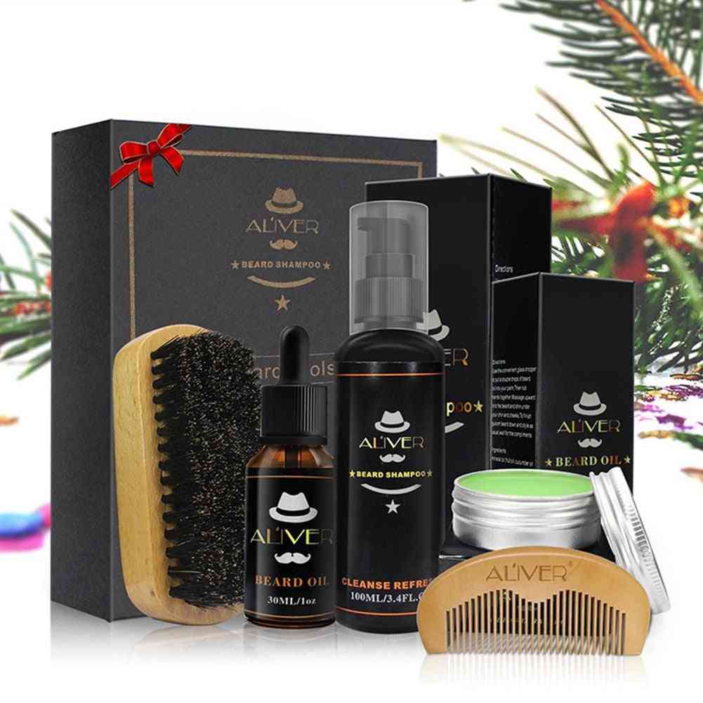 Beard Care, Cleaning, Styling Set With Essential Shampoo, Brush, Comb, And Oil