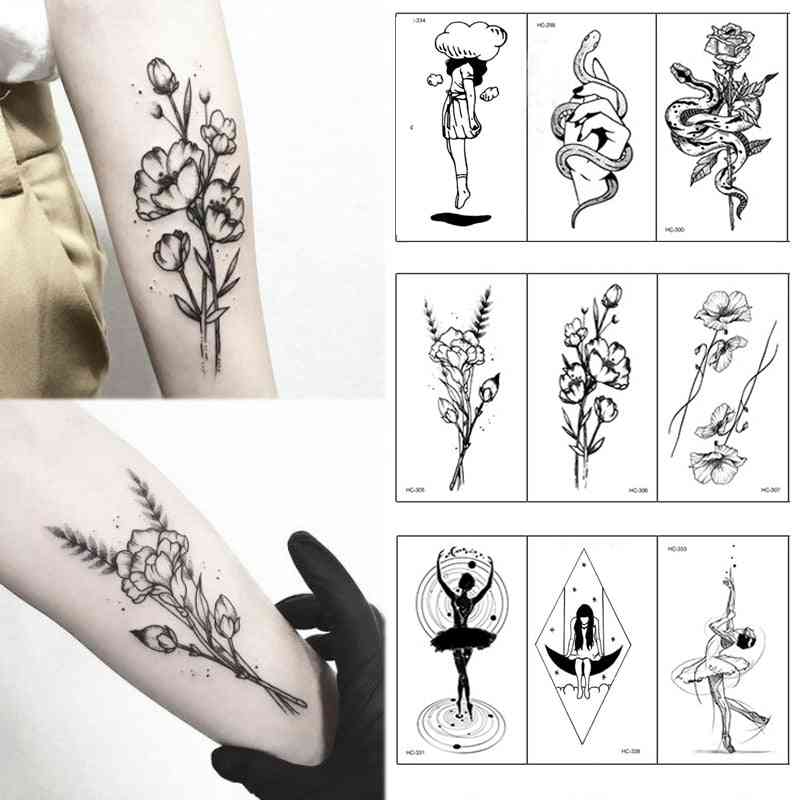 Populær klistermærke med tavler, hvide blomster, sort - midlertidig tegning, kropskunst, falske tatoveringer med vandoverførsel