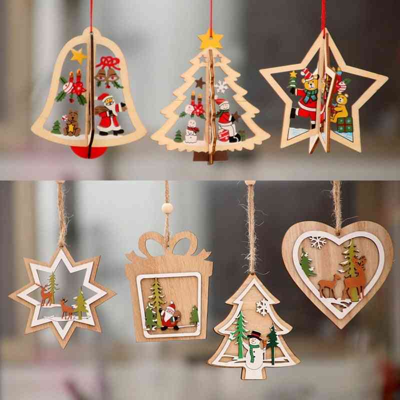 Christmas Decor Ornament Wooden Hanging Pendants - Star, Xmas Tree, Bell Christmas Decorations For Home Party, New Year Decor