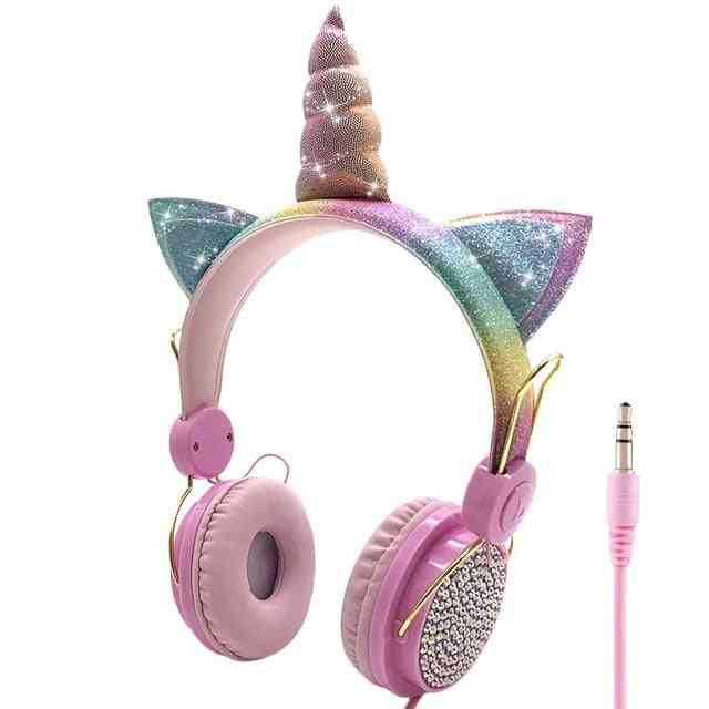 אוזניות חוטיות חד קרן חמודות עם מיקרופון - מחשב אוזניות סטריאו למוזיקה, אוזניות טלפון נייד לילדים