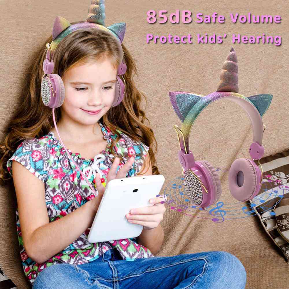 אוזניות חוטיות חד קרן חמודות עם מיקרופון - מחשב אוזניות סטריאו למוזיקה, אוזניות טלפון נייד לילדים