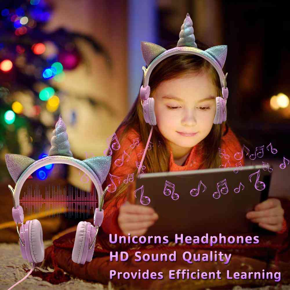 сладки жични слушалки еднорог с микрофон - музикални стерео слушалки компютър, слушалки за мобилни телефони за деца