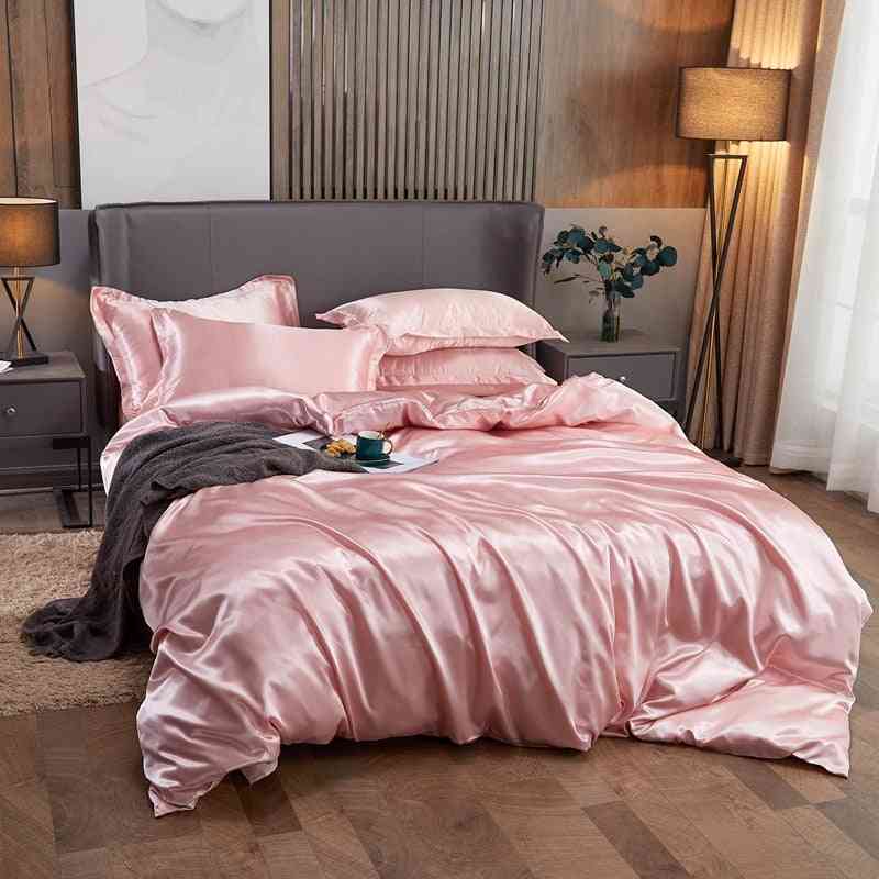 Pure Satin Silk King Size Bedding Set Cover Flat Sheet Pillowcases