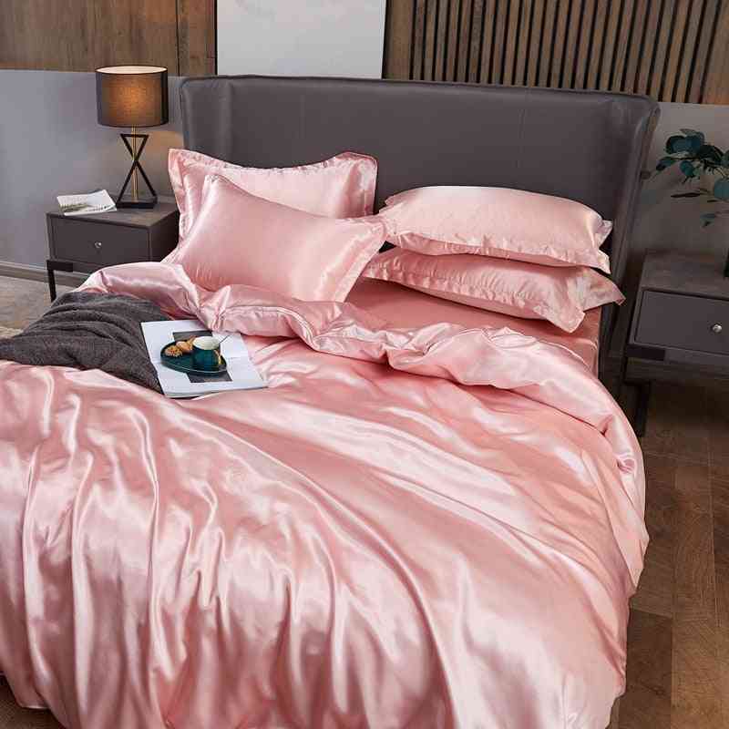 Pure Satin Silk King Size Bedding Set Cover Flat Sheet Pillowcases