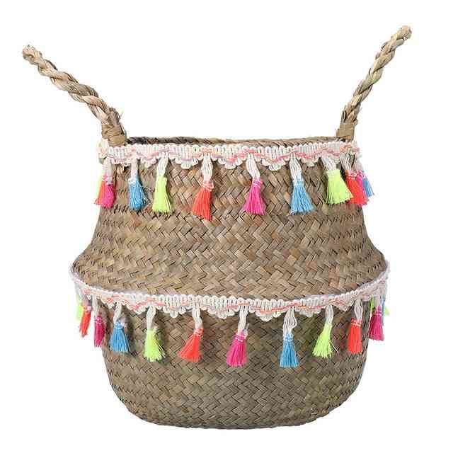 Tassel Design Handmade Bamboo Storage Baskets - Garden Flower Pot, Laundry Basket Container, Toy Holder