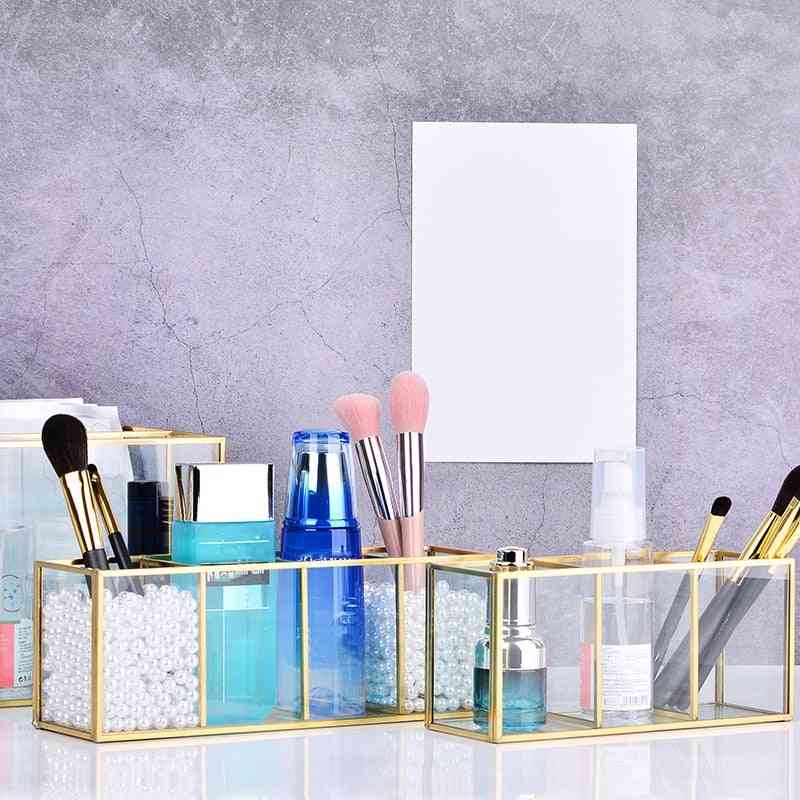 Gold Grid Glass Flip Storage Tank - Luxury Modern Cosmetics Storage Box