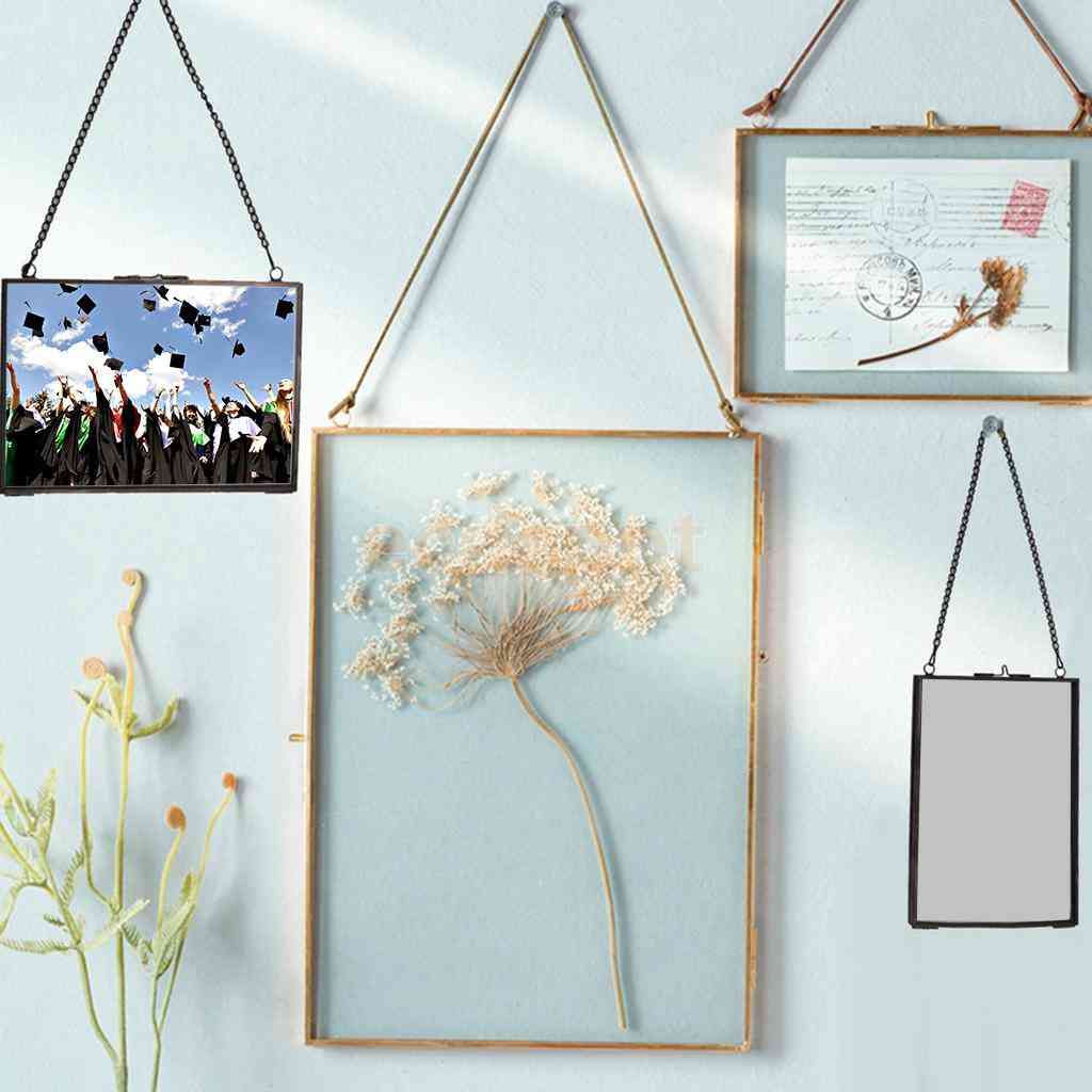 Industrial Style Double Sided Glass Hanging Wall Photo Frame - Flower Plant Specimen Portrait Display Frame Holder