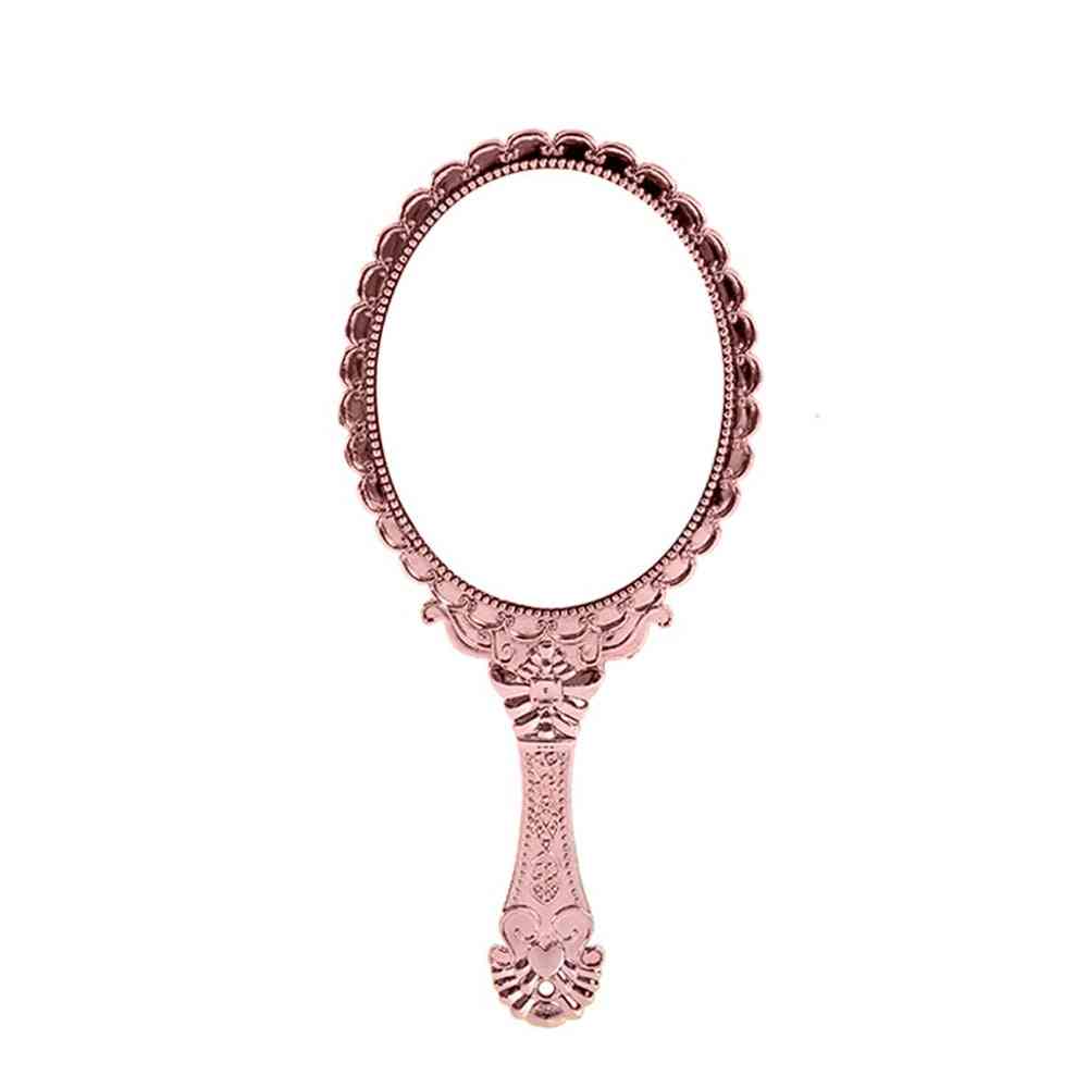 Mini bærbar vintage sminke rosa blomster ovale runde kosmetiske håndholdte speil med håndtak for kvinner - svart