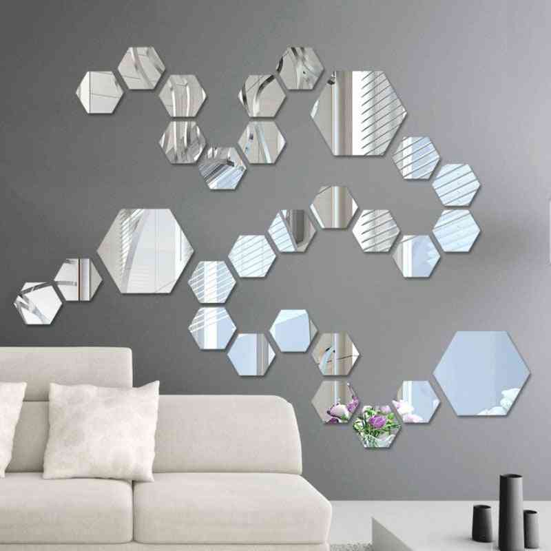 Adesivos de parede de espelho acrílico folha de espelho decorativo hexagonal removível autoadesivo para decoração de sala e quarto - 1 / 100x85x50mm