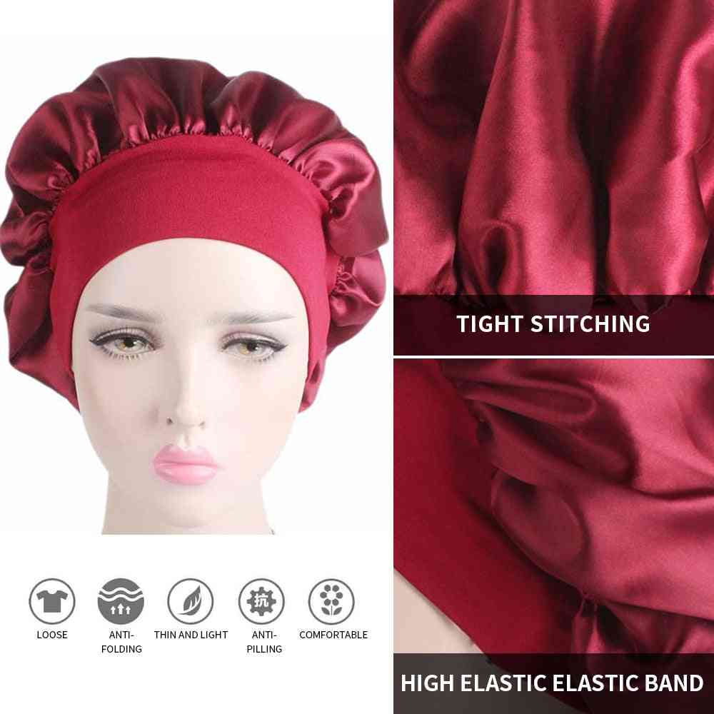 Solid Color Long Hair Care Women Satin Bonnet Cap Night Sleep Hat Silk Head Wrap Adjust Shower Caps Knitted Cap