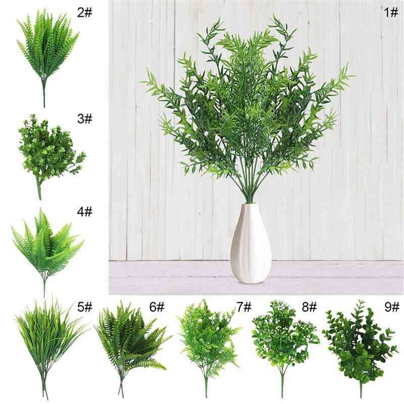 Planta de flor de plástico de hierba verde artificial de plástico para boda, decoración del hogar