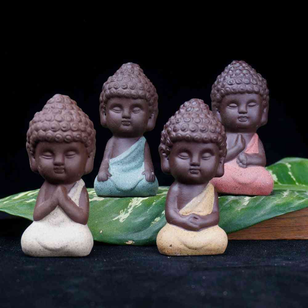 Liten buddha keramisk staty - dekorativ prydnad för munkfigur te husdjur lila keramiska hantverk