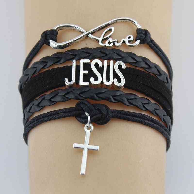 Hand Knitted-jesus, Love And Cross Braided Bracelet