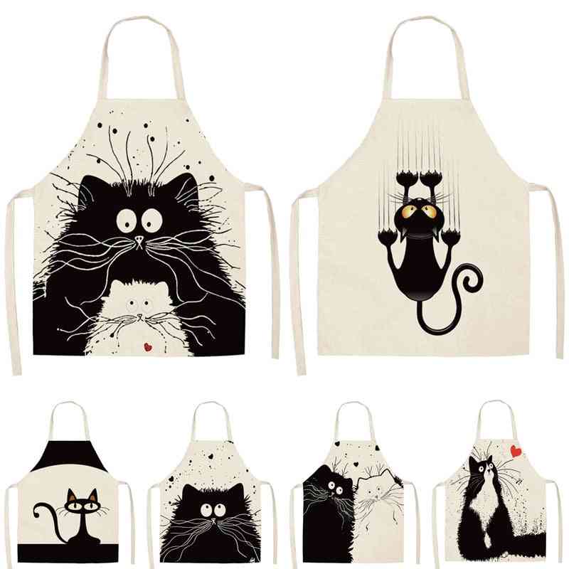 Kitchen Cooking Apron Cute Cat Printed Home Sleeveless Cotton Linen Aprons For Men Women Baking Accessories