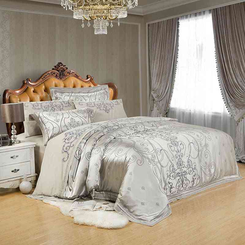 Silver Gold Embroidery Luxury Silk Satin Jacquard Duvet Cover Bedding Set