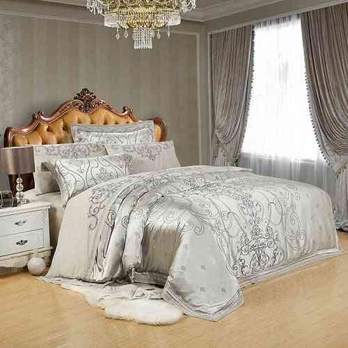 Silver Gold Embroidery Luxury Silk Satin Jacquard Duvet Cover Bedding Set