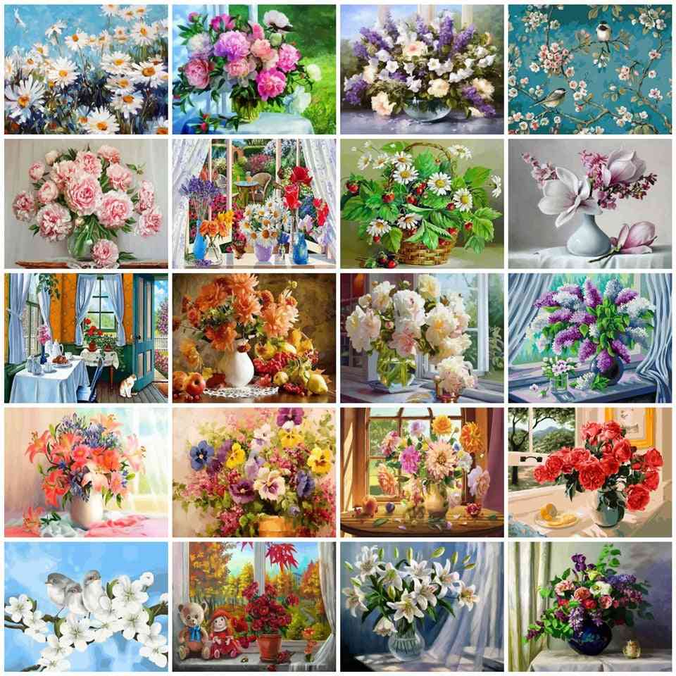 Home Decoration Diy Oil Painting By Numbers Flowers On Canvas Full Set