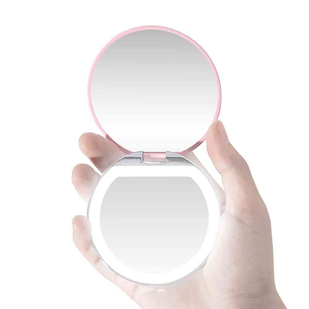 Vedené mini zrkadlo na líčenie - kompaktné vrecko na pery, cestovné prenosné osvetľovacie zrkadlo, 3x zväčšovacie sklopné