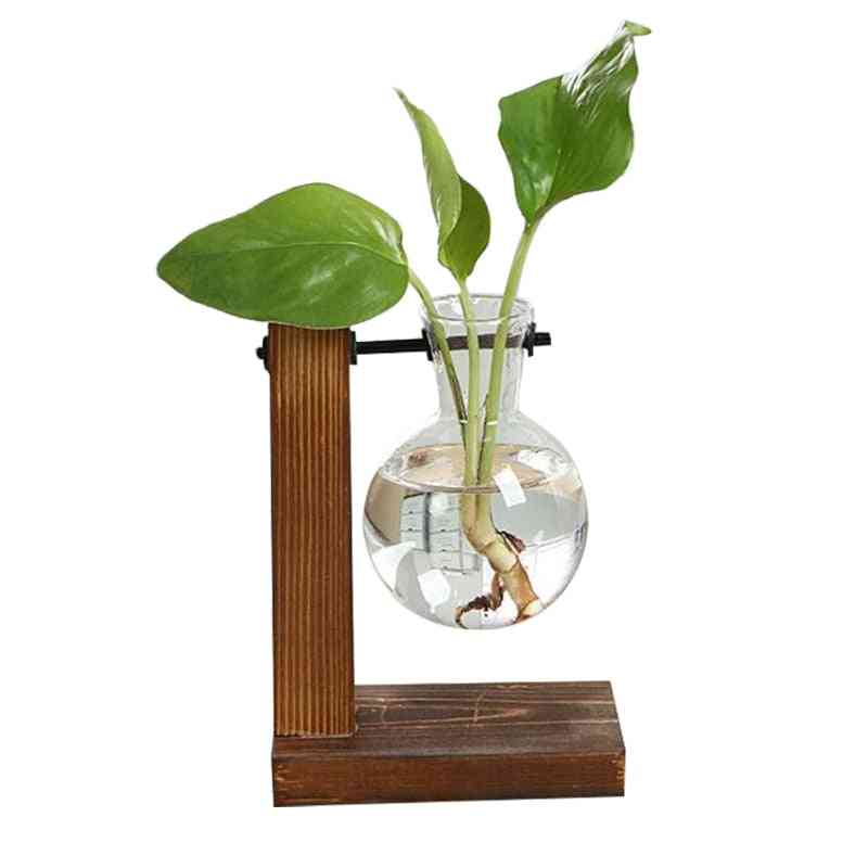Terrarium Hydroponic Plant Vases, Vintage Flower Pot Transparent Wooden Frame Glass Tabletop Plants