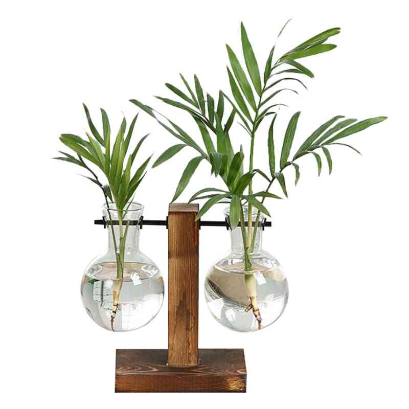Terrarium Hydroponic Plant Vases, Vintage Flower Pot Transparent Wooden Frame Glass Tabletop Plants