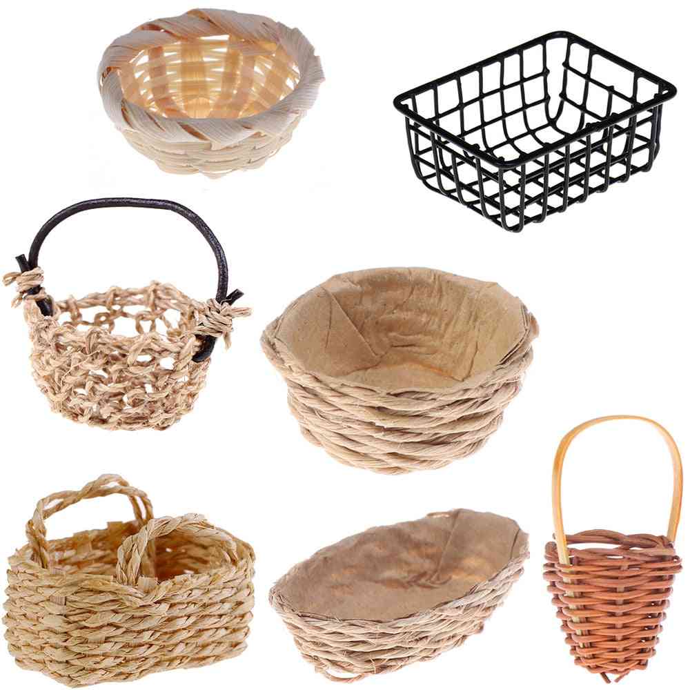 Mini Rattan And Iron Frame, Hand Woven-food Storage Basket For Doll House