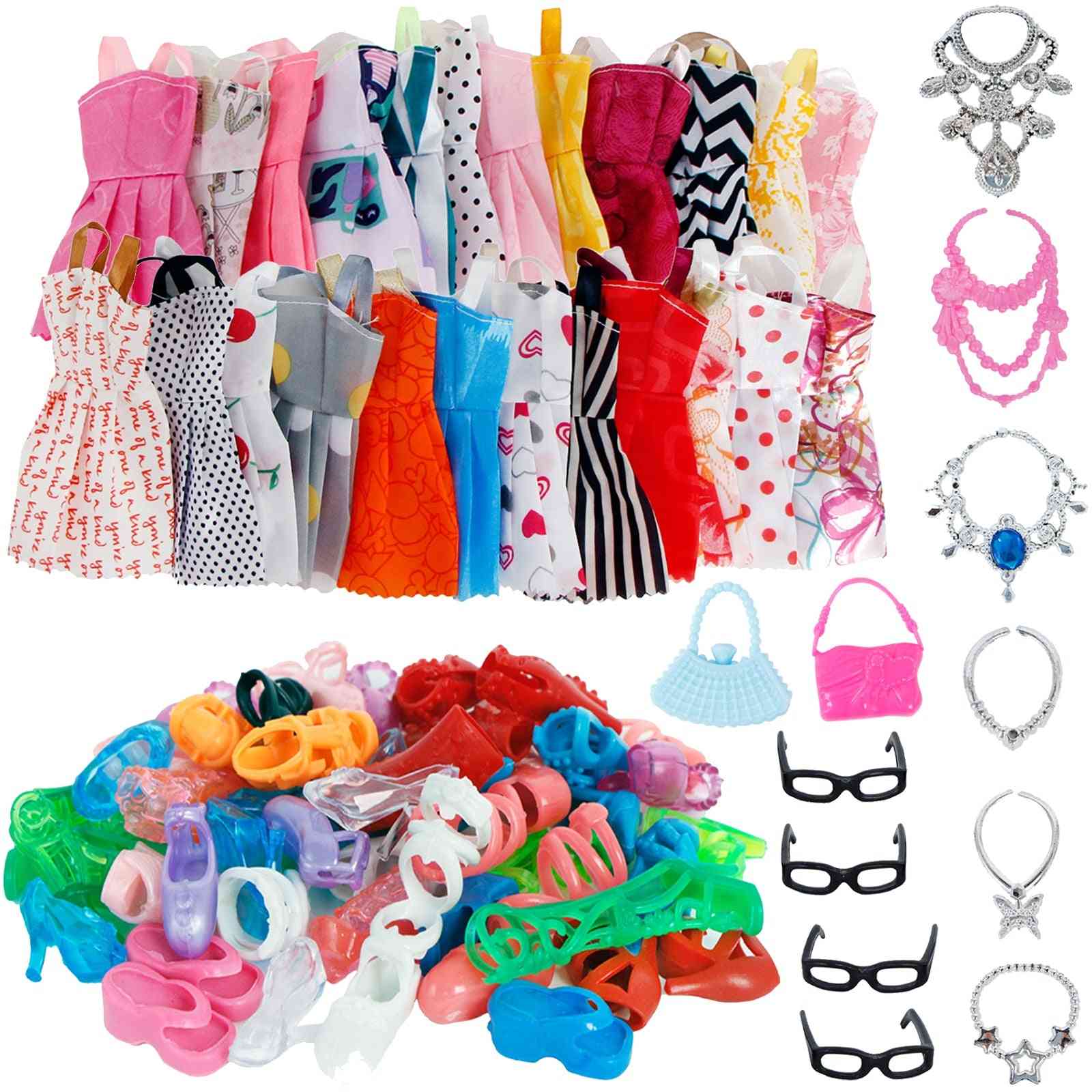 32 Item/set Doll Mix Fashion Cute Dress+ 4 Glasses+ 6 Necklaces+2 Handbag+ 10 Shoes Dress Clothes For Barbie Doll