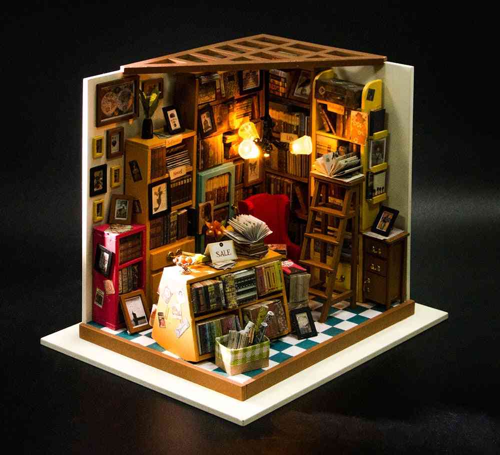 Camera de studiu a lui Sam cu mobilier, casă de păpuși în miniatură din lemn pentru adulți