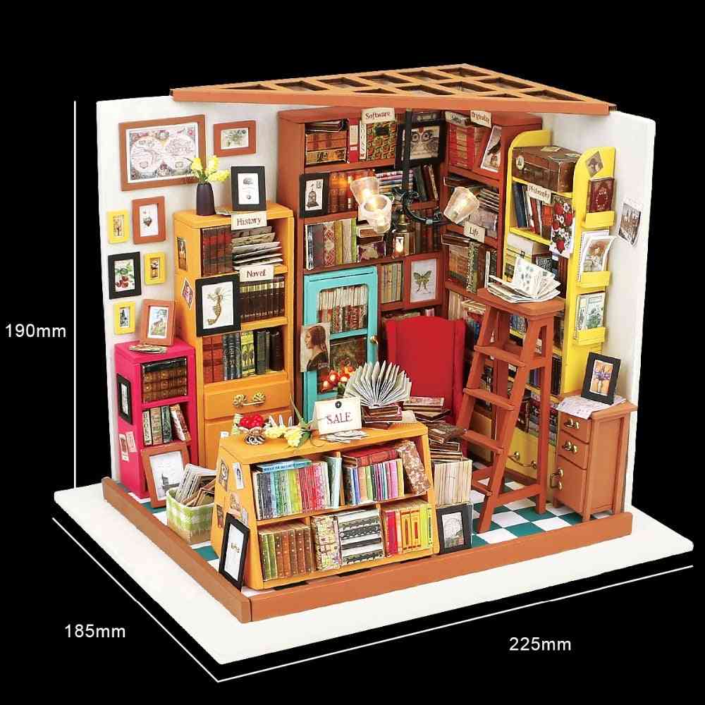 Sams studieværelse med møbler, børn voksen miniature trædukkehus -