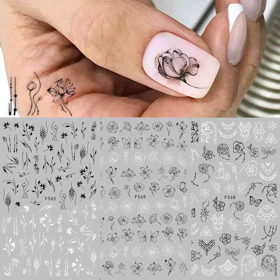 Svart / vit 3d nagelkonst klistermärken, glidare blommor mandala blad geometri självhäftande nageldekaler - f569