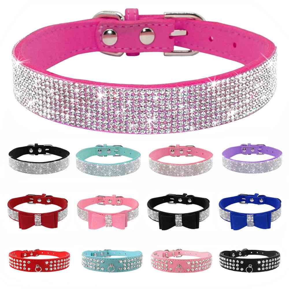 Bling Rhinestone Puppy Cat Collars - Adjustable Leather Bowknot Kitten Collar For Small Medium Dogs Cats