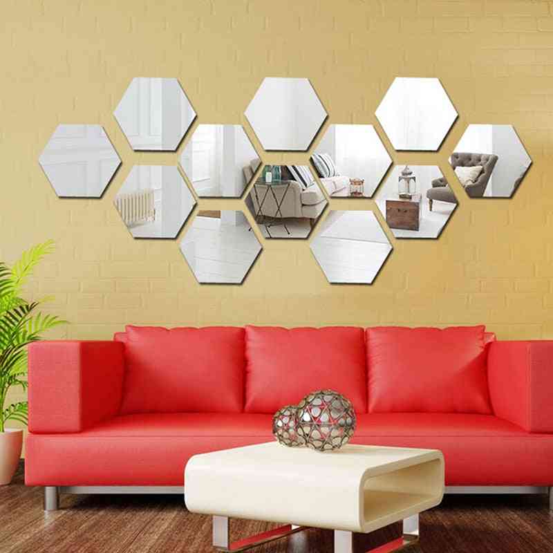 Zeshoekige 3d decoratieve spiegel muurstickers voor woonkamer, restaurant - goud / 12st 46x40x23mm