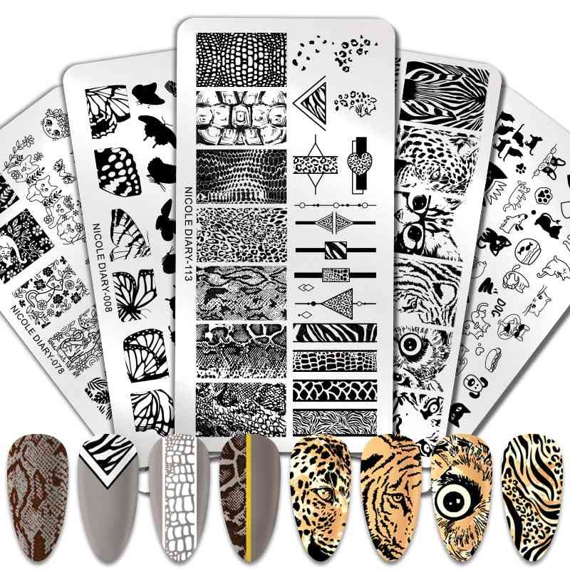 Nail Animal Image Stamp Plates - Stripe Grid Mixed Pattern Stencil Flower Printing Tool