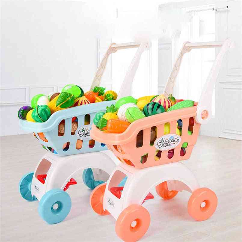 28 stks / set kinderen grote supermarkt winkelwagen trolley duw auto, mand simulatie fruit eten fantasiespel huis meisjes speelgoed - blauwe auto geen eten