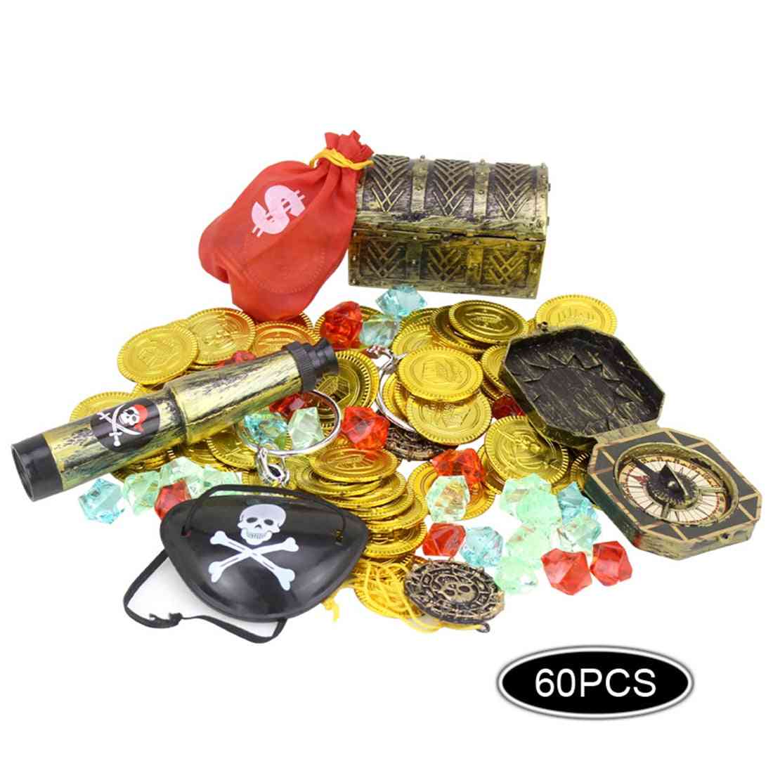 60pcs Pirates  Set Pirate Cover Gold Coins Pirate -treasure Box Kid's Party Supply