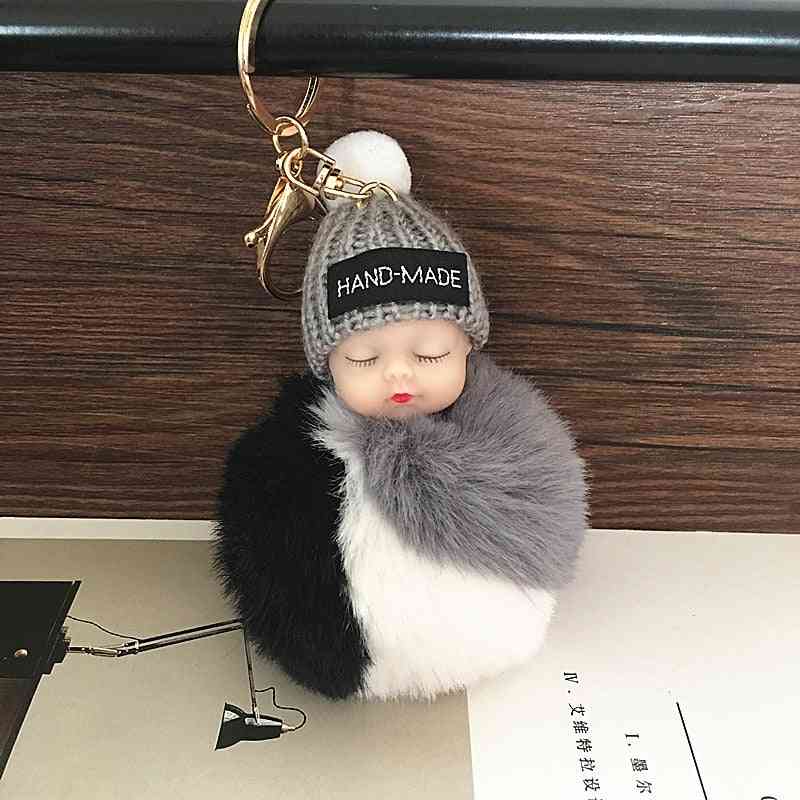 Cute Sleeping Baby Doll - Rabbit Fur Ball Plush Keychain Bag Pendant Toy
