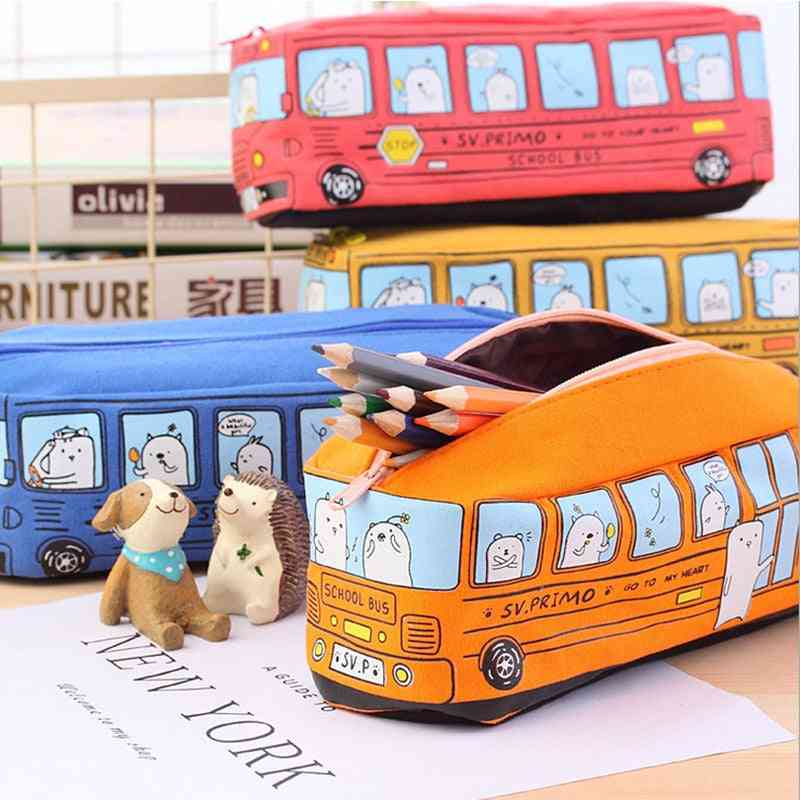 Kawaii Creative Large Capacity Canvas Car Pen Bag Stationery Box-cartoon Animal School Bus- Writing Case Trousse School Supplies