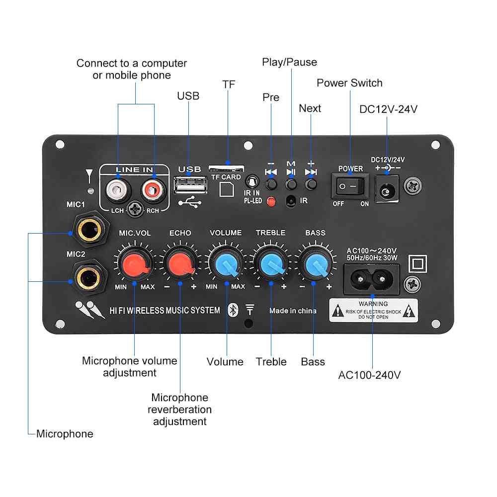 Subwoofer digital bluetooth forstærker board, dobbelt mikrofon karaoke forstærker reverb 12v 24v 220v til 8-12 tommer højttaler (subwoofer forstærker) -