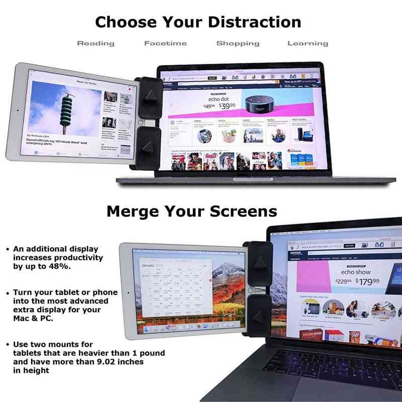 Clip de montage latéral pour double écran, support de moniteur double écran et support de tablette pour votre ordinateur portable, deuxième écran instantané (noir) -