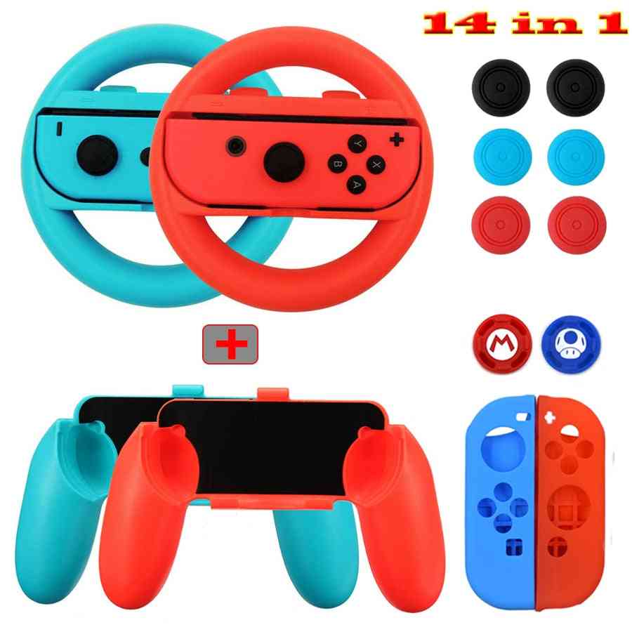 14 In 1 Kit Set Handle Grips Silicone Case, Steer Wheel Analog Caps For Nintendo Switch