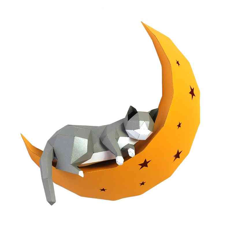 3d Cat On Moon Animal Paper Wall Art Sculpture Model Toy For Home Decor