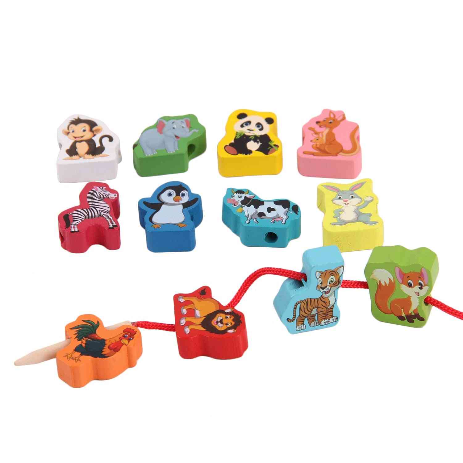 Montessori Colored Wooden Cartoon Animals Shaped String Threading Toy